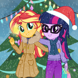 Size: 5000x5000 | Tagged: safe, artist:moogood, imported from derpibooru, sci-twi, sunset shimmer, twilight sparkle, human, equestria girls, absurd resolution, arm behind back, bag, christmas, christmas tree, clothes, coat, complex background, decoration, duo, female, garland, glasses, hand on shoulder, hat, holding each other, holiday, hood, legs together, looking at you, pants, santa hat, scarf, shopping bag, signature, smiling, smiling at you, snow, snowfall, socks, sparkler (firework), sparkles, standing, sweater, thigh highs, tree, vector