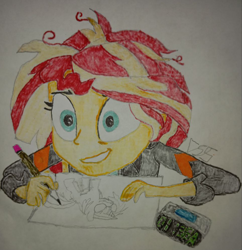 Size: 964x995 | Tagged: safe, artist:the spectres, derpibooru exclusive, imported from derpibooru, sunset shimmer, human, equestria girls, alarm clock, anxiety, clock, clothes, female, grin, jacket, marker drawing, messy hair, nervous, nervous grin, pencil, picture-in-picture, sketch, smiling, solo, traditional art