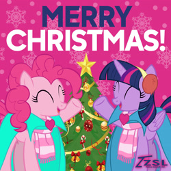 Size: 2160x2160 | Tagged: safe, artist:zslnews, imported from derpibooru, pinkie pie, twilight sparkle, alicorn, earth pony, christmas, christmas tree, clothes, earmuffs, eyes closed, female, holiday, merry christmas, scarf, tree, twilight sparkle (alicorn)