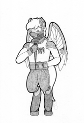 Size: 2140x3120 | Tagged: safe, artist:parallel black, imported from derpibooru, part of a set, oc, oc:cyber, anthro, pony, robot, robot pony, clothes, commission, male, medal, simple background, solo, stallion, traditional art, white background, wings