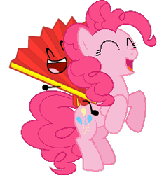 Size: 234x261 | Tagged: artist needed, safe, imported from derpibooru, pinkie pie, earth pony, pony, bipedal, crossover, cute, diapinkes, duo, duo male and female, eyes closed, fan (inanimate insanity), female, inanimate insanity, male, mare, open mouth, open smile, pink body, pink coat, pink fur, pink hair, pink mane, pink pony, pink tail, poofy hair, poofy mane, poofy tail, riding, riding a pony, simple background, smiling, tail, transparent background, vector