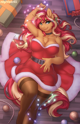 Size: 1250x1932 | Tagged: safe, artist:nightskrill, imported from derpibooru, sunset shimmer, anthro, unguligrade anthro, unicorn, breasts, busty sunset shimmer, chest fluff, christmas, christmas lights, clothes, dress, female, hand on belly, hearth's warming, hearth's warming eve, holiday, holly, horn, looking at you, lying down, on back, smiling, smiling at you, solo, solo female