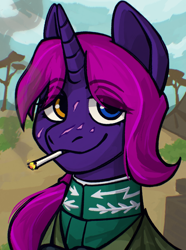 Size: 1040x1400 | Tagged: safe, artist:bunnyshrubby, imported from derpibooru, oc, oc only, oc:danger close, pony, unicorn, equestria at war mod, binoculars, bust, camouflage, chiropterra, cigarette, clothes, digital art, female, heterochromia, horn, lieutenant colonel, looking at you, mare, military, military uniform, new characters for equestria at war, new characters for equestria at war mod, outdoors, portrait, scar, smiling, smiling at you, smoking, solo, unicorn oc, uniform