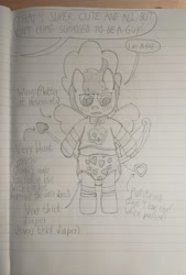 Size: 2752x4081 | Tagged: safe, artist:snowflakepone, imported from derpibooru, oc, oc:salvey, annoyed, arrow, bipedal, bonnet, bow, clothes, cupid, dialogue box, diaper, diaper fetish, doll, dollie, dollified, fetish, humiliation, inanimate tf, male, offscreen character, shirt, sketch, socks, stallion, standing, toy, traditional art, transformation