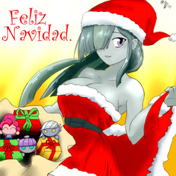 Size: 1200x1200 | Tagged: safe, artist:a.s.e, imported from derpibooru, limestone pie, marble pie, maud pie, pinkie pie, human, big breasts, breasts, busty marble pie, christmas, cleavage, clothes, costume, female, happy, hat, holiday, humanized, looking at you, pie sisters, pony coloring, present, santa costume, santa dress, santa hat, siblings, sisters, smiling, smiling at you