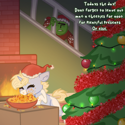 Size: 2000x2000 | Tagged: safe, artist:nootaz, imported from derpibooru, oc, oc:anon, oc:nootaz, human, pony, unicorn, cheese, christmas, christmas sweater, christmas tree, clothes, duo, duo male and female, eating, eyes closed, female, fireplace, food, holiday, horn, macaroni, macaroni and cheese, male, mare, pasta, sweater, text, tree