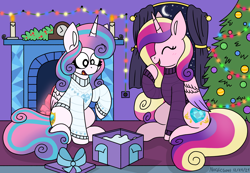 Size: 4228x2928 | Tagged: safe, artist:nordicgoat, imported from derpibooru, princess cadance, princess flurry heart, alicorn, pony, christmas, christmas tree, clothes, duo, female, holiday, mother and child, mother and daughter, older, older flurry heart, present, sweater, tree