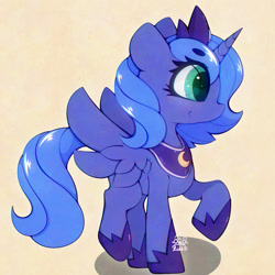 Size: 3000x3000 | Tagged: safe, artist:zokkili, imported from derpibooru, princess luna, alicorn, pony, crown, eye clipping through hair, eyebrows, eyebrows visible through hair, female, filly, filly luna, hoof shoes, horn, jewelry, peytral, princess shoes, raised hoof, raised leg, regalia, smiling, solo, spread wings, standing on two hooves, wings, woona, younger