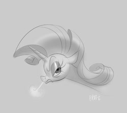 Size: 1280x1138 | Tagged: safe, artist:brdte, imported from derpibooru, rarity, pony, unicorn, breath, bust, female, floppy ears, frown, furrowed brow, gray background, grayscale, horn, mare, monochrome, signature, simple background, snorting, solo