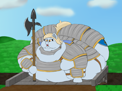 Size: 1667x1250 | Tagged: safe, artist:thewindking, imported from derpibooru, oc, oc only, oc:firm stance, earth pony, pony, armor, bridge, butt, chubby cheeks, clothes, double chin, fat, fat fetish, fetish, halberd, huge butt, impossibly large butt, large belly, large butt, obese, simple background, tight clothing, unfitting armor, weapon