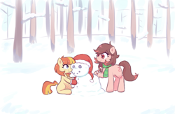 Size: 1365x889 | Tagged: safe, artist:deerie, imported from derpibooru, oc, oc only, oc:aimless, oc:wormy, earth pony, pony, candy, candy cane, christmas, clothes, female, filly, foal, food, forest, gloves, hat, holiday, mare, nature, santa hat, scarf, sitting, smiling, snow, snowmare, standing, tree