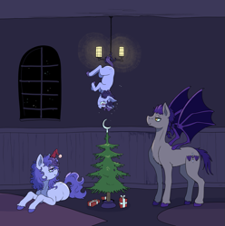 Size: 1159x1166 | Tagged: safe, artist:paskanaakka, derpibooru exclusive, imported from derpibooru, oc, oc only, oc:dartwing, oc:dusklight dewdrop, oc:midnight dew, unicorn, alternate timeline, christmas, christmas tree, female, filly, foal, holiday, horn, male, mare, nightmare takeover timeline, parents and child, stallion, tree, unshorn fetlocks