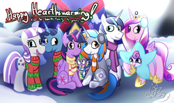 Size: 2000x1183 | Tagged: safe, artist:ossilia flawol, imported from derpibooru, night light, princess cadance, princess flurry heart, shining armor, spike, twilight sparkle, twilight velvet, oc, oc:portal bump, alicorn, alicorn oc, canon x oc, christmas sweater, clothes, companion cube, crown, earmuffs, family, family photo, female, group photo, hearth's warming, horn, jewelry, lesbian, male, my little pony, my little pony best gift ever, portal (valve), portalsparkle, regalia, scarf, shiningcadance, shipping, snow, sparkle family, star flurry heart, straight, sweater, twilight sparkle (alicorn), twilight's castle, wings, winter outfit