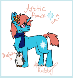 Size: 730x780 | Tagged: safe, artist:arsonrabbit, imported from derpibooru, oc, oc only, oc:arctic freeze, bird, penguin, pony, unicorn, abstract background, blue coat, clothes, digital art, female, flower, flower in hair, freckles, horn, looking back, mare, orange hair, orange mane, orange tail, passepartout, red eyes, scarf, signature, simple background, solo, tail, unicorn oc, wingding eyes