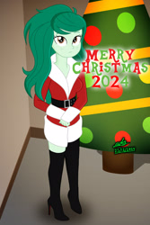 Size: 1440x2160 | Tagged: safe, artist:gibsterboy5, imported from derpibooru, wallflower blush, human, equestria girls, belt, boots, breasts, christmas, christmas tree, cleavage, clothes, complex background, costume, female, hands together, high heel boots, high heels, holiday, looking up, merry christmas, santa costume, shoes, signature, solo, standing, text, tree