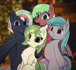 Size: 2063x1884 | Tagged: safe, artist:single purpose, imported from derpibooru, oc, oc only, oc:jora asters, oc:malachite cluster, oc:rhythm fruit, oc:treading step, bat pony, deer, pegasus, christmas, female, glasses, holiday, looking at you, male, selfie, smiling, smiling at you, wings