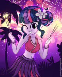 Size: 2015x2490 | Tagged: safe, artist:rjp.rammy, imported from derpibooru, twilight sparkle, human, equestria girls, alternate hairstyle, belly, belly button, bracelet, breasts, clothes, cute, female, fireworks, flower, flower in hair, grass skirt, grin, jewelry, midriff, one eye closed, short shirt, skirt, smiling, solo, sparkler (firework), twiabetes, wink