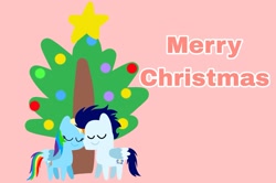 Size: 1935x1285 | Tagged: safe, anonymous artist, derpibooru exclusive, imported from derpibooru, rainbow dash, soarin', pegasus, pony, series:soarindash hearth's warming, series:soarindash romantic tales, christmas, christmas tree, female, hearth's warming, hearth's warming eve, holiday, male, mare, pointy ponies, shipping, soarindash, stallion, straight, text, tree