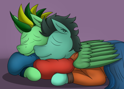 Size: 3787x2723 | Tagged: safe, artist:tacomytaco, imported from derpibooru, oc, oc only, oc:taco.m.tacoson, pegasus, pony, blanket, gradient background, hug, lying down, male, pillow, sleeping, smiling, snuggling, winghug, wings