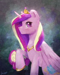 Size: 1080x1350 | Tagged: safe, artist:larizzart, imported from derpibooru, princess cadance, alicorn, pony, female, mare, profile, raised hoof, sitting, smiling, solo