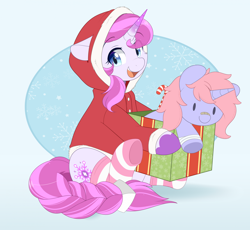 Size: 2002x1840 | Tagged: safe, artist:higgly-chan, imported from derpibooru, oc, oc only, oc:collision crash, pony, unicorn, christmas, clothes, costume, cute, eye clipping through hair, female, holding, holiday, horn, mare, open mouth, open smile, plushie, present, santa costume, simple background, sitting, smiling, socks, striped socks, white background