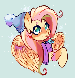 Size: 1981x2049 | Tagged: safe, artist:kuzoux, imported from derpibooru, fluttershy, pegasus, pony, :3, bust, candy, candy cane, clothes, cute, female, food, hat, mare, mouth hold, raised hoof, scarf, simple background, solo, winter hat