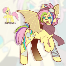 Size: 2000x2000 | Tagged: safe, artist:k4krr, imported from derpibooru, fluttershy, rainbow dash, bat pony, pony, alternate design, alternate hairstyle, clothes, palette swap, recolor, scarf, simple background, solo, species swap