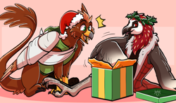 Size: 4172x2456 | Tagged: safe, artist:lou raccoon, imported from derpibooru, oc, oc:cyrus, oc:pavlos, anthro, griffon, bandage, beak, bearded vulture, broken bone, broken wing, cast, cheek fluff, christmas, claws, clothes, colored wings, commission, eared griffon, griffon oc, holiday, injured, non-pony oc, nonbinary, sling, tail, wings