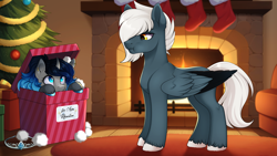 Size: 2560x1440 | Tagged: safe, artist:ynery, imported from derpibooru, oc, oc only, oc:aura rhinestone, oc:tempest streamrider, bat pony, pegasus, bat hybrid, box, christmas, christmas stocking, christmas tree, clothes, commission, duo, female, fire, fireplace, holiday, jewelry, male, present, socks, tiara, tree