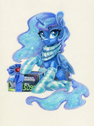 Size: 1118x1500 | Tagged: safe, artist:maytee, imported from derpibooru, princess luna, alicorn, pony, gamer luna, box, christmas, clothes, graphics card, holiday, present, scarf, simple background, socks, solo, striped scarf, striped socks, traditional art, white background