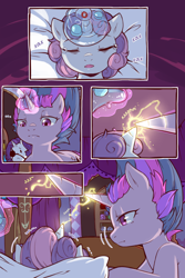 Size: 960x1440 | Tagged: safe, artist:cold-blooded-twilight, edit, imported from derpibooru, rarity, sweetie belle, twilight sparkle, pony, unicorn, cold blooded twilight, comic:cold storm (ru), bedroom, comic, crying, cyrillic, eyepatch, eyes closed, female, filly, foal, glowing, glowing horn, horn, ice, ice pack, lidded eyes, magic, magic aura, mare, messy mane, open mouth, pillow, russian, telekinesis, translation, translator:agent00k0t, unicorn twilight