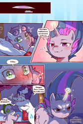 Size: 960x1440 | Tagged: safe, artist:cold-blooded-twilight, edit, imported from derpibooru, rarity, spike, sweetie belle, twilight sparkle, dragon, pony, unicorn, cold blooded twilight, comic:cold storm (ru), alternate design, bags under eyes, bed, blushing, closed mouth, comic, cyrillic, dialogue, eyepatch, eyeshadow, female, filly, foal, frown, glowing, glowing horn, horn, hug, magic, makeup, open mouth, pillow, russian, siblings, sisters, smiling, sparkles, speech bubble, tail, translation, translator:agent00k0t, unicorn twilight, wide eyes