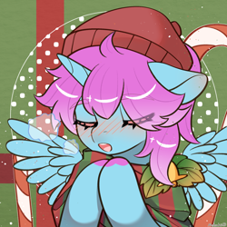 Size: 1280x1280 | Tagged: artist needed, safe, imported from derpibooru, oc, oc only, oc:柒染, alicorn, pony, alicorn oc, blush lines, blushing, breath, candy, candy cane, christmas, clothes, colored hooves, female, food, holiday, hooves, horn, mare, scarf, solo, spread wings, striped scarf, wings