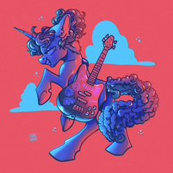 Size: 3000x3000 | Tagged: safe, artist:pastacrylic, imported from derpibooru, sweetie belle, pony, unicorn, alternate design, alternate hairstyle, alternate tailstyle, bass guitar, butch, butch lesbian, curly mane, curly tail, guitar, high res, horn, limited palette, musical instrument, narrowed eyes, older, older sweetie belle, ponytail, profile, rearing, shiny mane, shiny tail, signature, smiling, solo, standing on two hooves, tail, tied mane, two toned mane, undercut