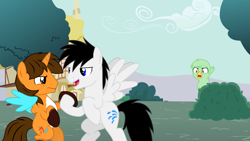 Size: 1191x671 | Tagged: safe, artist:punkieprimeape1, imported from derpibooru, oc, oc:ej, oc:gregory griffin, oc:shane park, alicorn, griffon, pegasus, alicorn oc, gay, griffon oc, horn, male, pegasus oc, wings