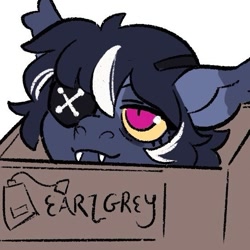 Size: 553x553 | Tagged: safe, artist:thiscatdraws, imported from derpibooru, oc, oc only, bat pony, pony, asfe, bat pony oc, bat wings, box, bust, colored sclera, eyelashes, eyepatch, fangs, pony in a box, red eyes, simple background, smiling, solo, white background, wings, yellow sclera