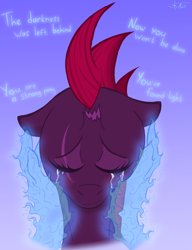 Size: 2300x3000 | Tagged: safe, artist:anix_space, imported from derpibooru, fizzlepop berrytwist, tempest shadow, pony, unicorn, blushing, broken horn, bust, crying, fire, floppy ears, gradient background, hand on face, horn, magic, portrait, smiling, tears of joy, text