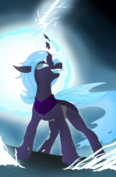 Size: 1600x2432 | Tagged: safe, artist:puginpocket, imported from derpibooru, oc, oc only, oc:nihea tamin, changeling, blue mane, blue tail, changeling oc, cracks, evil grin, grin, ground, lightning, looking at someone, magic, magic aura, male, purple changeling, shadow, smiling, solo, spread wings, standing, tail, wings