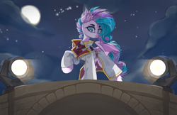 Size: 4055x2621 | Tagged: safe, artist:jfrxd, imported from derpibooru, oc, oc only, oc:sweetie swirl, bat pony, bat pony oc, bat wings, clothes, cloud, ear fluff, eyelashes, looking at you, moon, night, solo, stage, stage light, starry night, uniform, wings