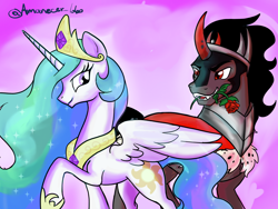 Size: 2160x1620 | Tagged: safe, artist:amanecerlobo, imported from derpibooru, king sombra, princess celestia, pony, unicorn, flower, horn, rose