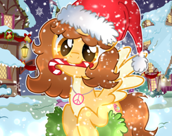 Size: 1365x1080 | Tagged: safe, artist:doraeartdreams-aspy, imported from derpibooru, oc, oc only, oc:aspen, pegasus, candy, candy cane, christmas, female, food, hat, holiday, jewelry, necklace, peace sign, pegasus oc, santa hat, wings