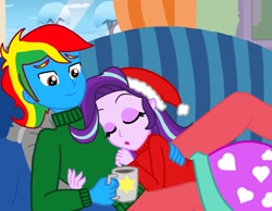 Size: 1015x788 | Tagged: safe, artist:amethystmajesty25, imported from derpibooru, starlight glimmer, oc, oc:shield wing, equestria girls, canon x oc, chocolate, christmas, clothes, female, food, hat, holiday, hot chocolate, male, santa hat, shipping, sleeping, sweater