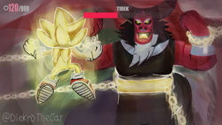 Size: 1920x1080 | Tagged: safe, artist:diekrothecat, imported from derpibooru, lord tirek, centaur, hedgehog, taur, chains, crossover, sonic frontiers, sonic the hedgehog, sonic the hedgehog (series), super sonic