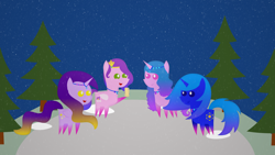 Size: 1920x1080 | Tagged: safe, artist:carrotorangelight, imported from derpibooru, izzy moonbow, pipp petals, oc, oc:dream star, oc:galaxy asteri, pony, g5, pointy ponies, stargazing