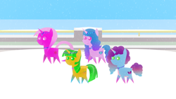 Size: 1920x1080 | Tagged: safe, artist:carrotorangelight, imported from derpibooru, izzy moonbow, oc, oc:orangelight amber, oc:star rhythm, pony, unicorn, g5, horn, maretime bay, misty brightdawn, pointy ponies, rebirth misty, strolling