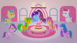 Size: 1920x1080 | Tagged: safe, imported from derpibooru, hitch trailblazer, izzy moonbow, pipp petals, sunny starscout, zipp storm, oc, oc:orangelight amber, earth pony, pegasus, pony, unicorn, applejack (g5), birthday, birthday cake, cake, candle, fluttershy (g5), food, g5, horn, mane five, mane six (g5), misty brightdawn, pinkie pie (g5), pointy ponies, rainbow dash (g5), rarity (g5), rebirth misty, twilight sparkle (g5)