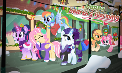 Size: 6628x4000 | Tagged: safe, artist:lovinglypromise, imported from derpibooru, applejack, fluttershy, pinkie pie, rainbow dash, rarity, twilight sparkle, alicorn, pony, absurd file size, alternate design, christmas, christmas lights, clothes, hearth's warming, holiday, magic, mane six, scarf, scroll, snow, sweater, twilight sparkle (alicorn)