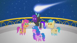 Size: 1920x1080 | Tagged: safe, artist:carrotorangelight, imported from derpibooru, hitch trailblazer, izzy moonbow, sunny starscout, oc, oc:aurora star, pony, balcony, comet, crystal brighthouse, g5, pointy ponies