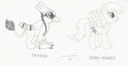 Size: 1905x984 | Tagged: safe, artist:coelacanth0794, imported from derpibooru, derpy hooves, oc, oc:jayene, griffon, pony, monochrome, traditional art