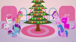 Size: 828x465 | Tagged: safe, artist:carrotorangelight, imported from derpibooru, izzy moonbow, pipp petals, sunny starscout, zipp storm, oc, oc:star rhythm, pony, christmas, christmas lights, christmas tree, g5, holiday, misty brightdawn, ornaments, pointy ponies, rebirth misty, tree